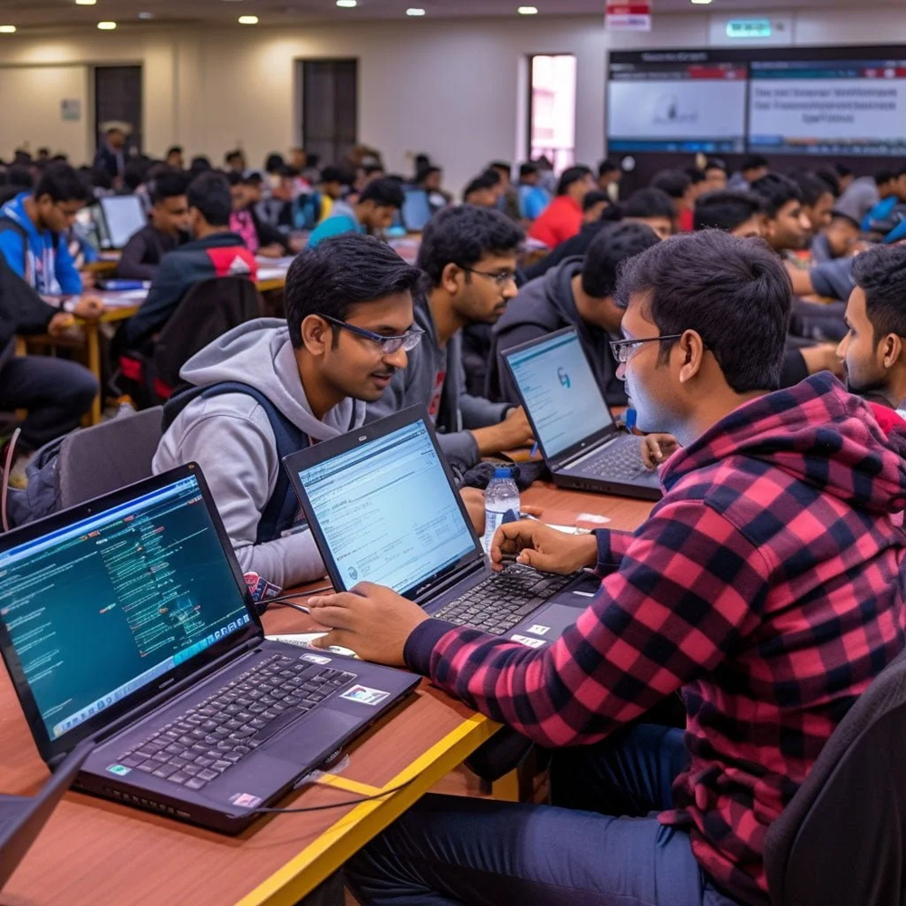 Students collaborating and coding during a hackathon